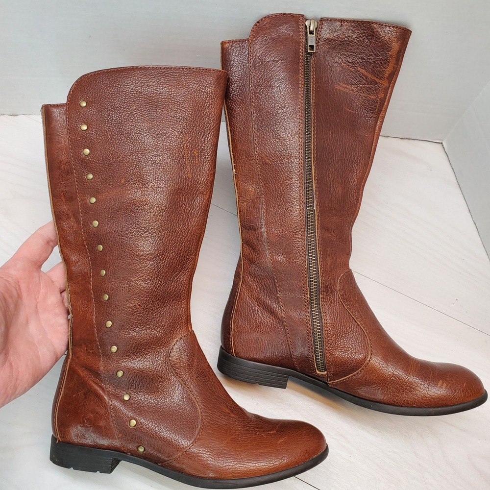 Born Women Brown Leather Tall Riding Boots Studded Side Zip 6M D86137 Indie Boho